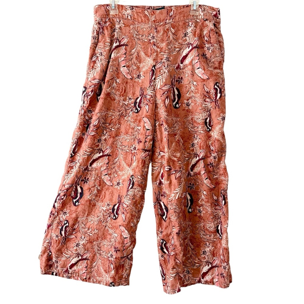 100% Linen Tahari Wide Leg Crop Pants Size XL Mauve & Burgundy Elastic Waist